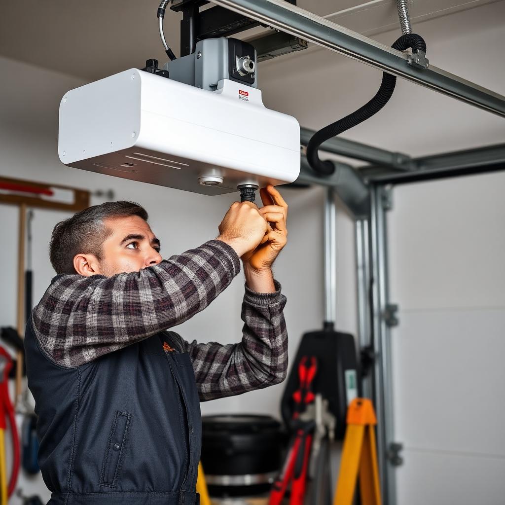 Experienced garage door repair technician adjusting opener motor for optimal performance