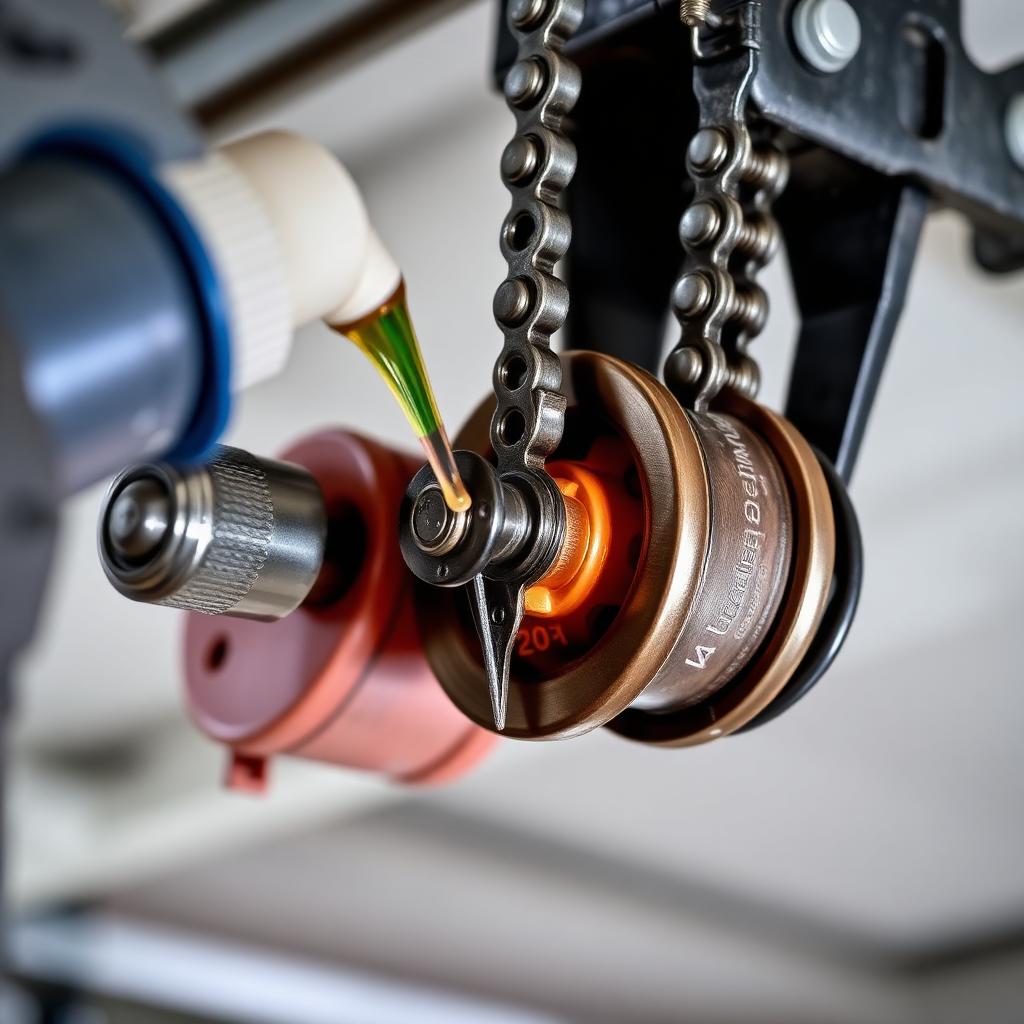 Garage door chain drive system maintenance guide showing proper lubrication techniques