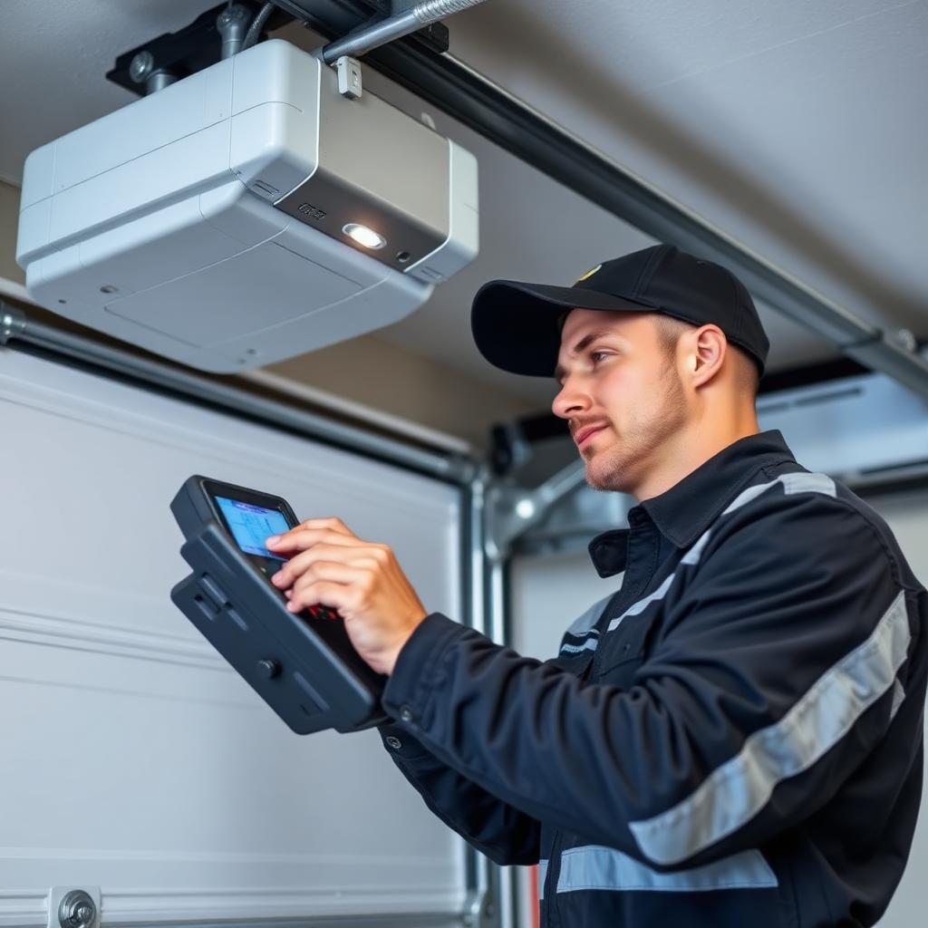 Professional garage door technician performing diagnostic service